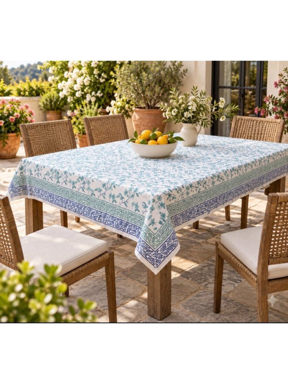 Fabindia Silk Cotton Tablecloth Blue & Green Floral Pattern 84x40 & 9" Drop Boho